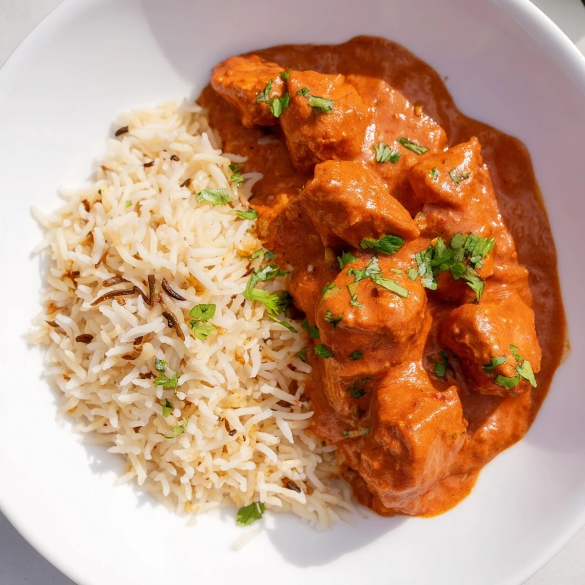 Butter Chicken & Rice Pilaf, a creamy tomato sauce over tender chicken, served with fluffy basmati rice.