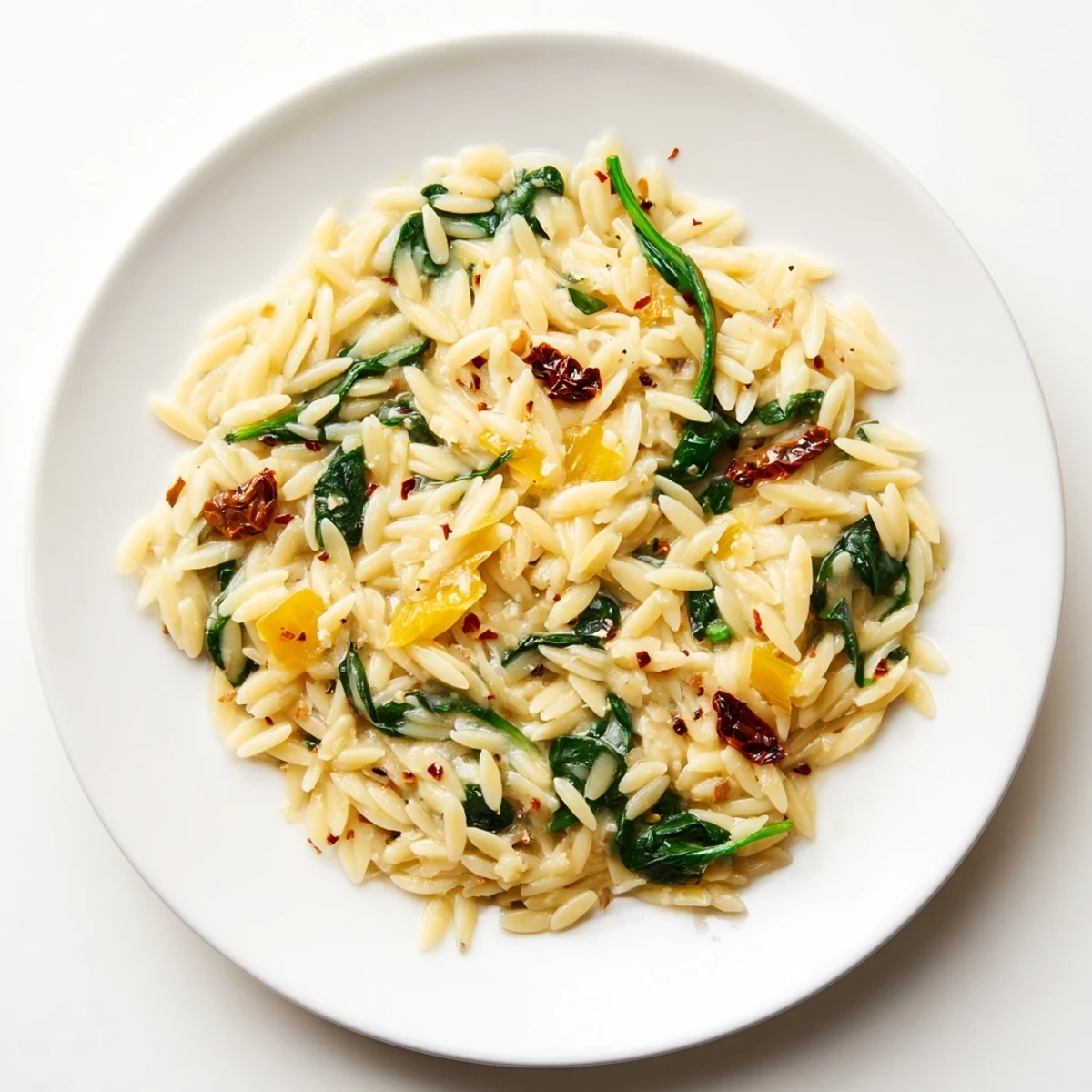 This Creamy Tuscan Orzo Bowl features an inviting swirl of rich Parmesan and wilted spinach.