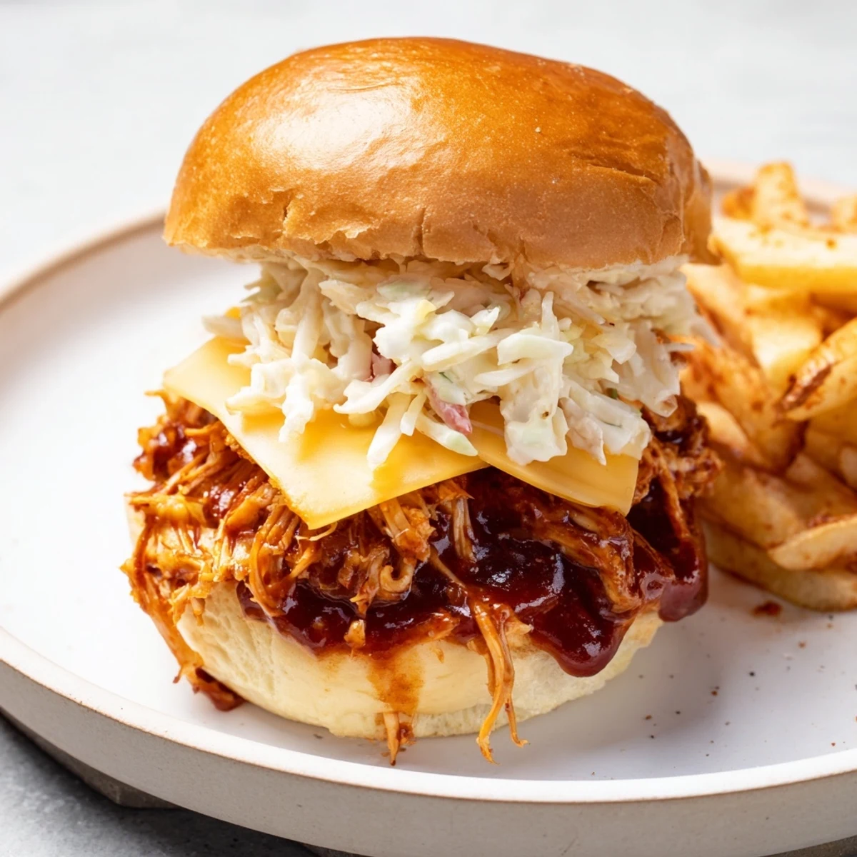 A pile of BBQ chicken sliders, bursting with flavor, displayed with crispy fries on a plate.