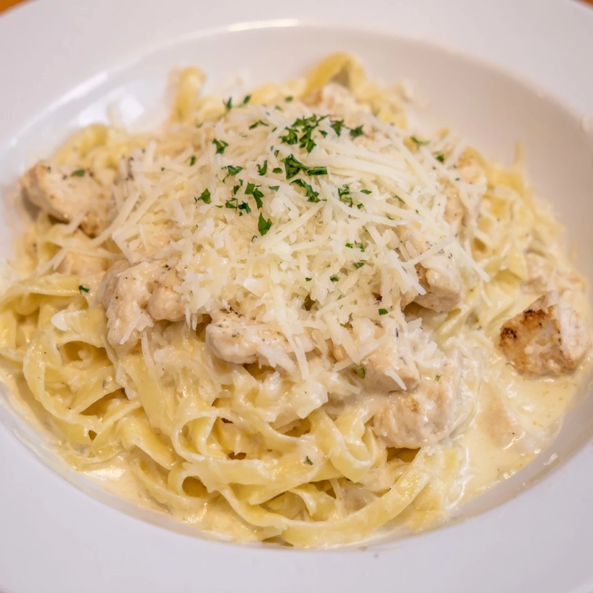 A close-up of a Chicken Fettuccine Alfredo Bake, showing a baked casserole with melted cheese on top.