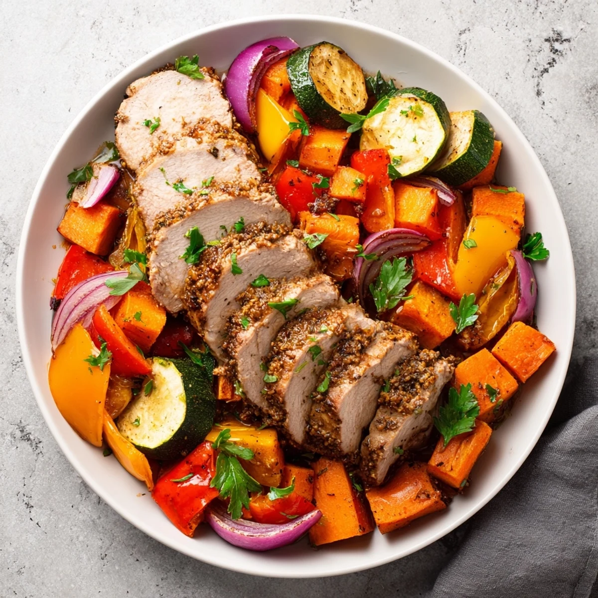 Tender slices of Roasted Garlic Pork Tenderloin nestled with colorful roasted vegetables.