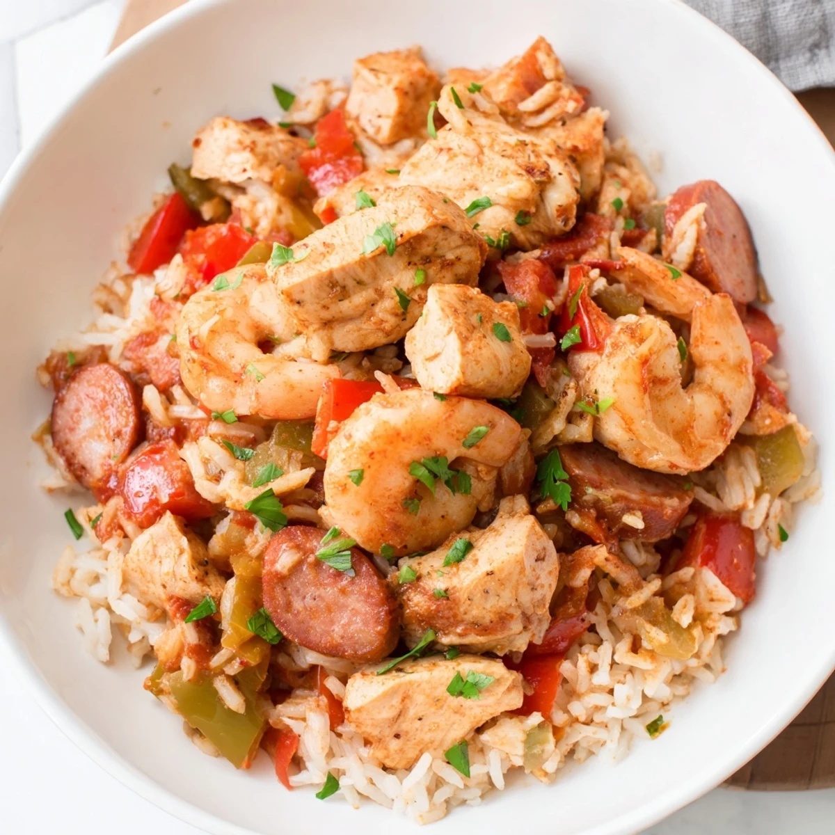 Steaming bowl of Cajun Jambalaya Rice Bowl with shrimp, sausage, and bright vegetables, capturing aromas.