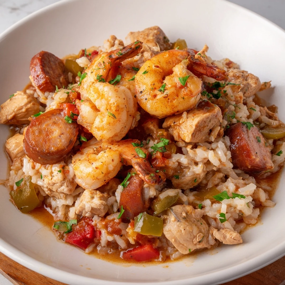 Close-up of a flavorful Cajun Jambalaya Rice Bowl, offering a delicious Southern meal with rice and chicken.