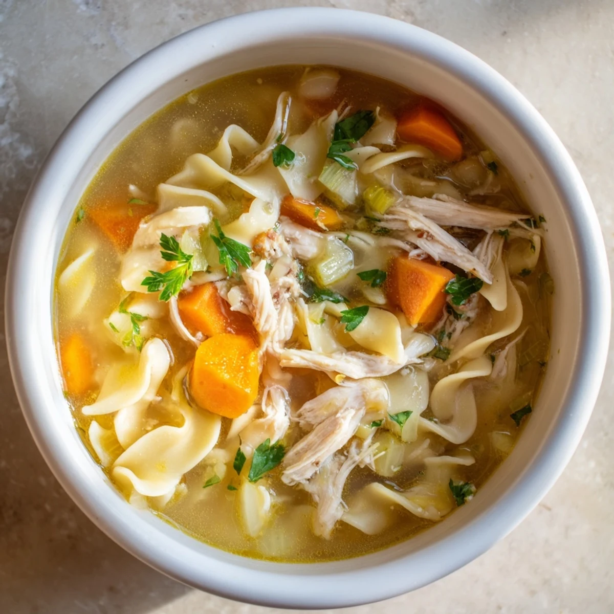 A warm, savory close-up of hearty homemade chicken noodle soup, perfect for a cold day.