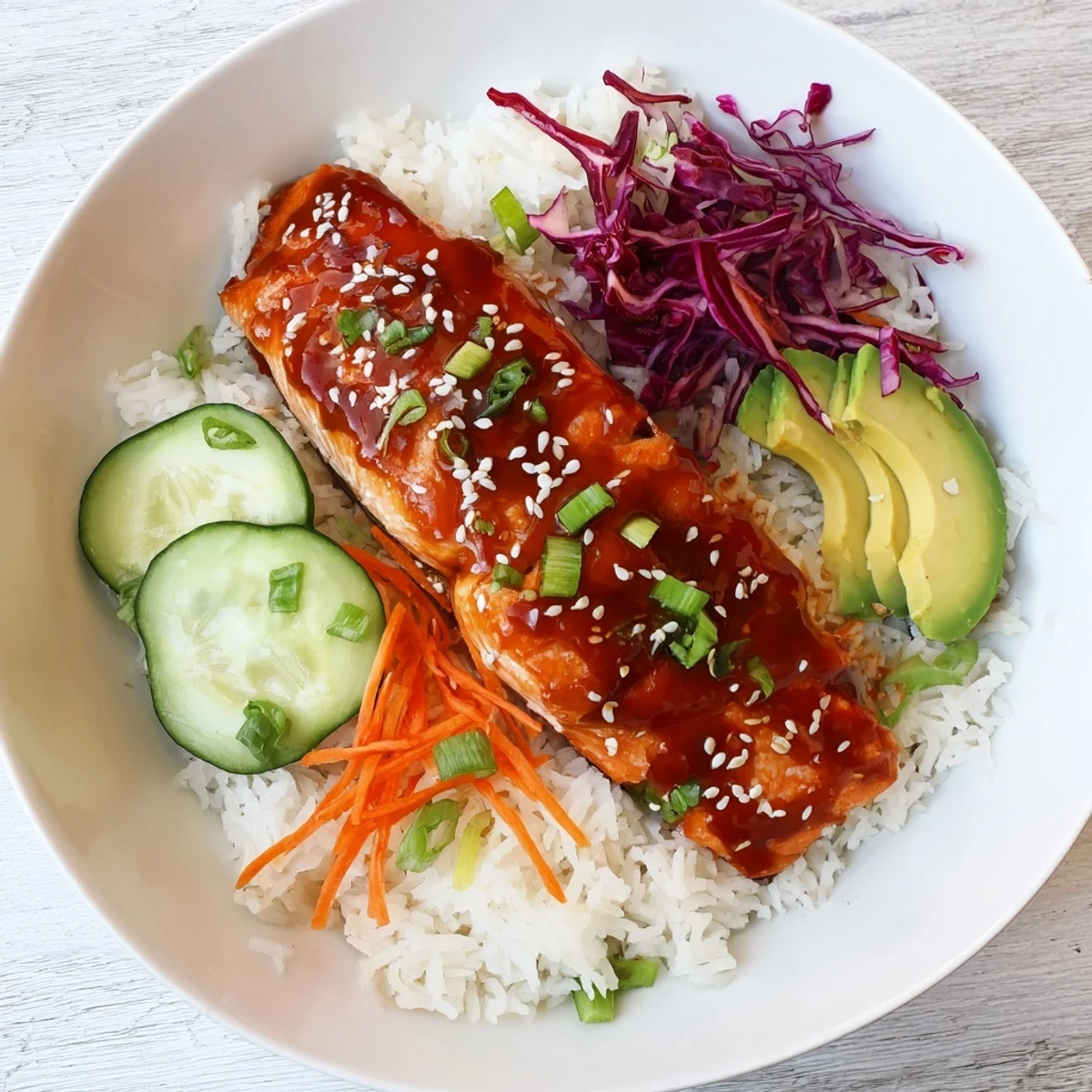 This Sweet Chili Salmon Rice Bowl is a complete meal with flaky salmon, fluffy rice and a colorful array of fresh vegetables.