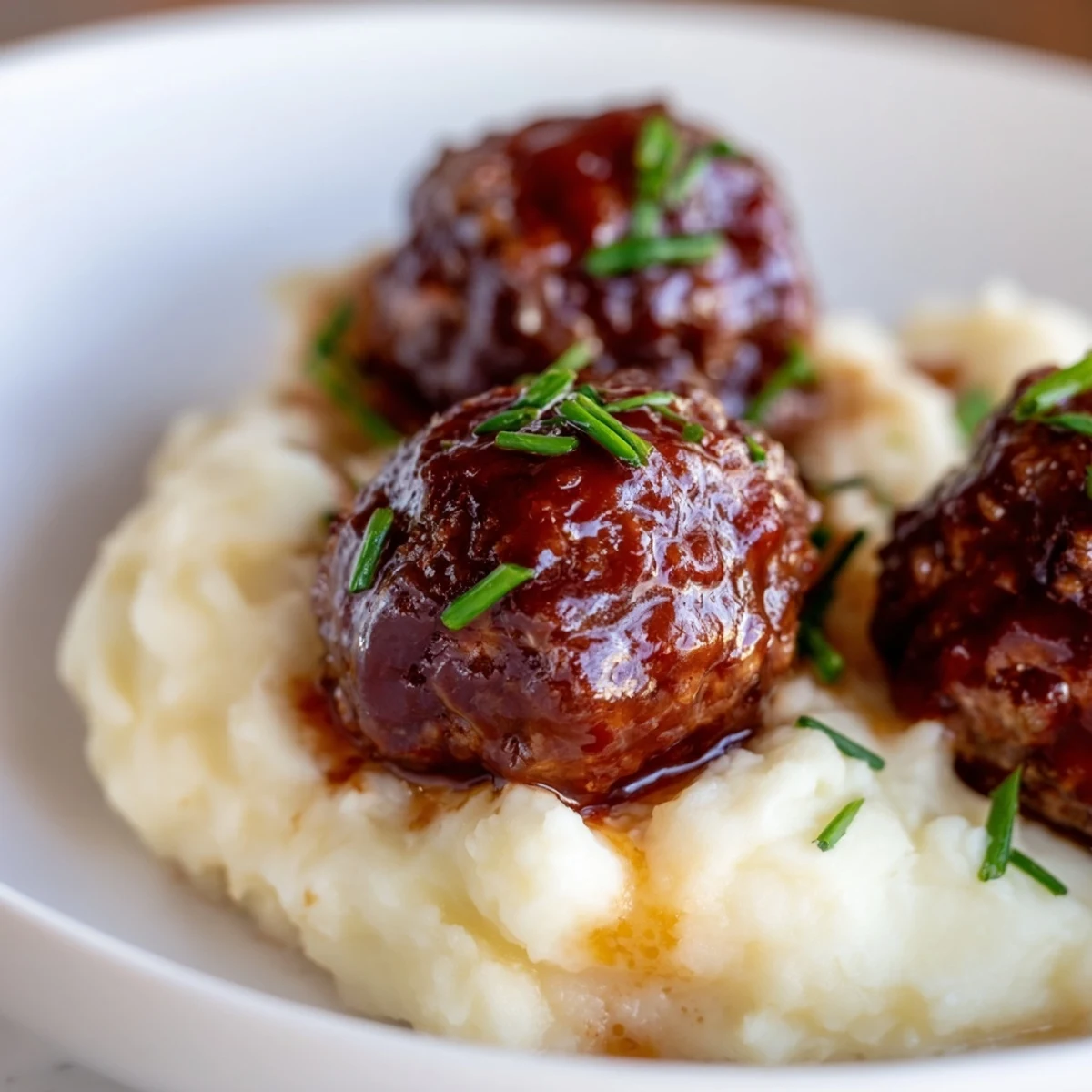 BBQ meatballs glistening in a rich sauce, spooned over fluffy mashed potatoes, ideal family comfort.