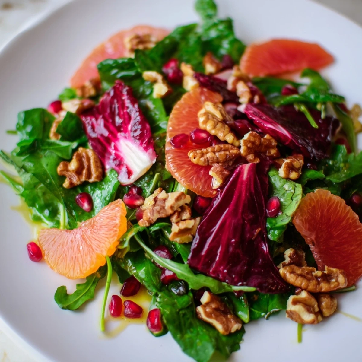 This Winter Greens Salad bursts with flavors: tangy citrus, ruby pomegranate, and toasted nut crunch.