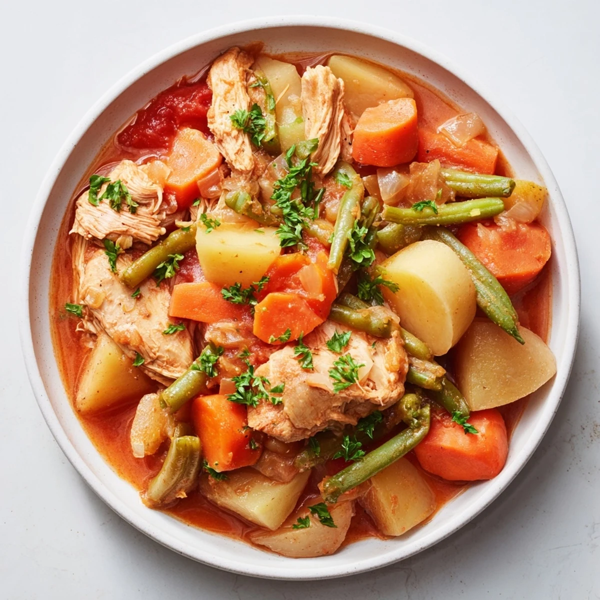 A warm bowl of slow-cooker chicken & vegetable stew, perfect for a cozy, flavorful family dinner served with crusty bread.