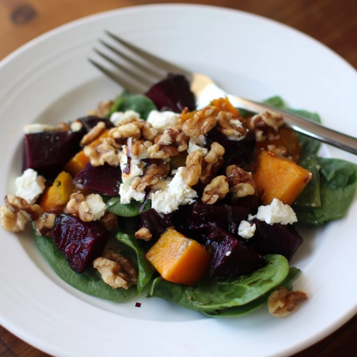 Vibrant Roasted Beet, Butternut & Spinach Salad, featuring creamy goat cheese and crunchy walnuts.