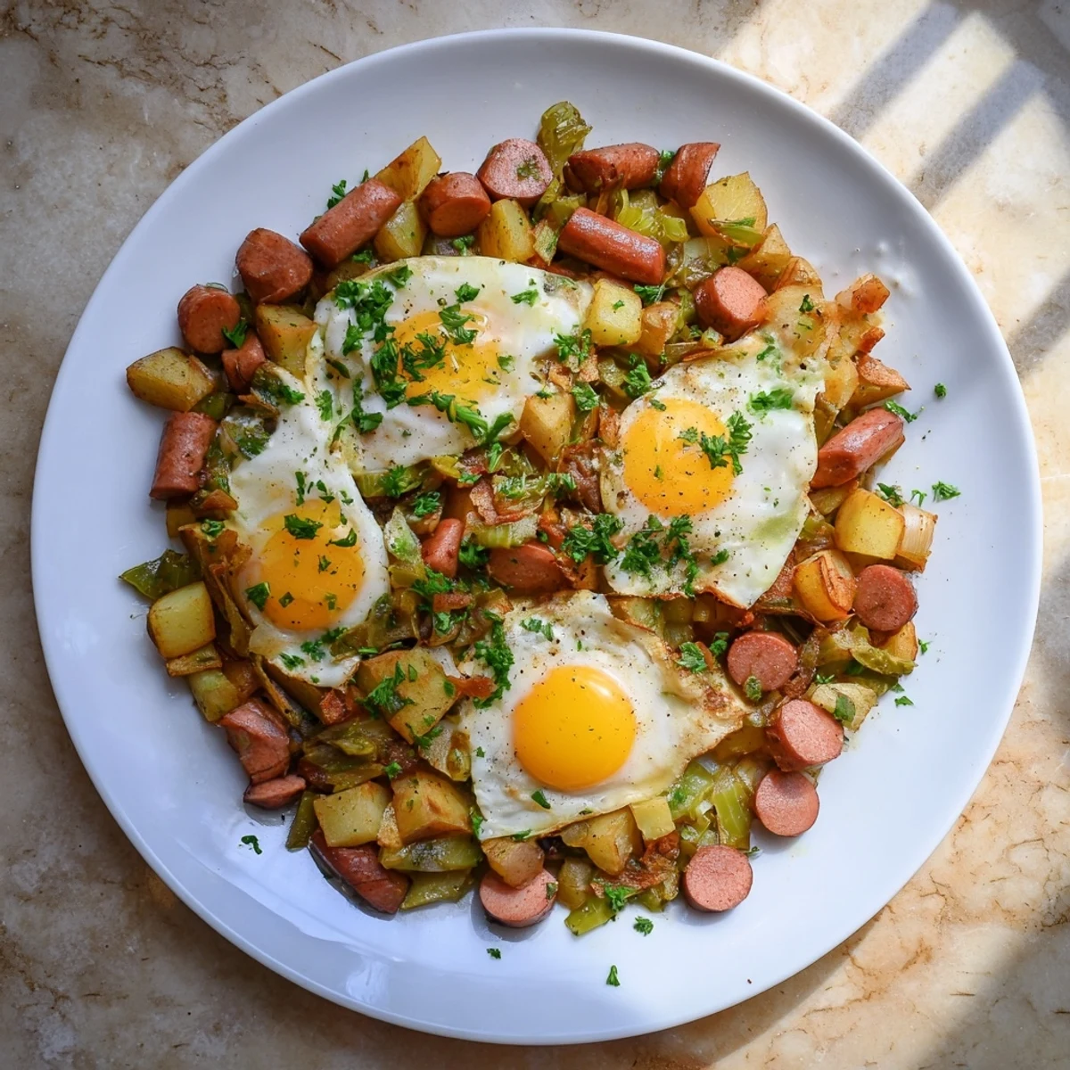 Golden-brown Egg & Potato Hash with visible slices of hot dogs, ready to be enjoyed.