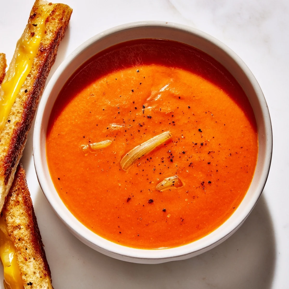 Golden, bubbly grilled cheese strips are ready to dip into this rich 5-Ingredient Tomato Soup.
