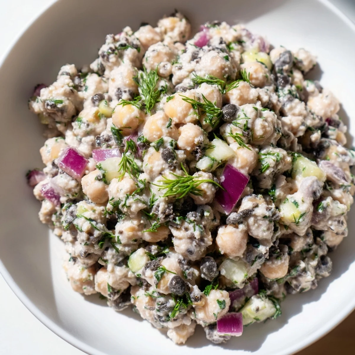 Enjoy this flavorful, plant-based chickpea tuna salad featuring creamy dressing with a hint of lemon.