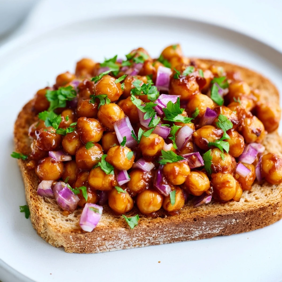 A close-up of steaming BBQ Chickpeas on Toast; the perfect American comfort food with a smoky aroma.