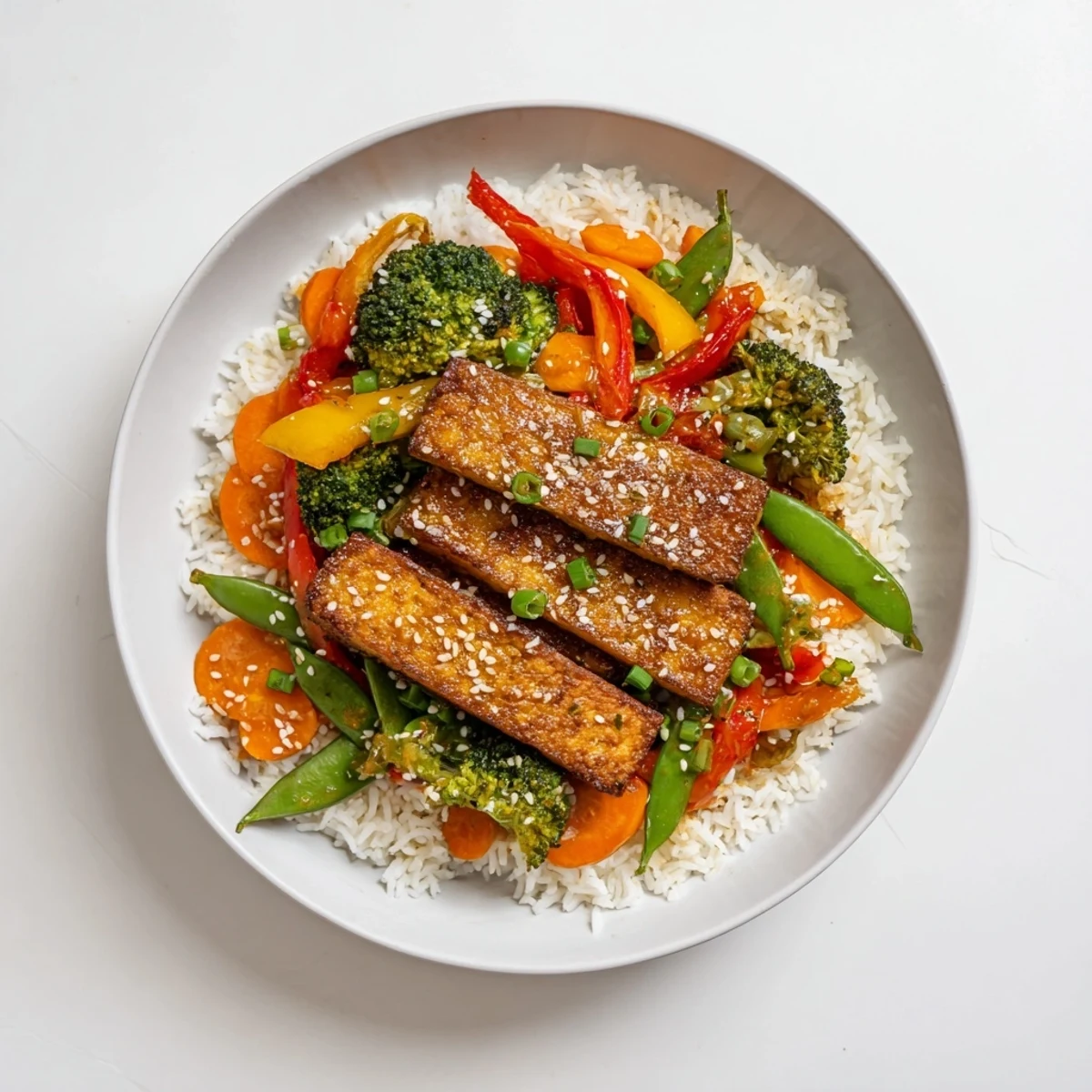 Golden brown pressed tofu steaks with colorful stir-fried vegetables and fluffy rice, an easy, vegan meal.