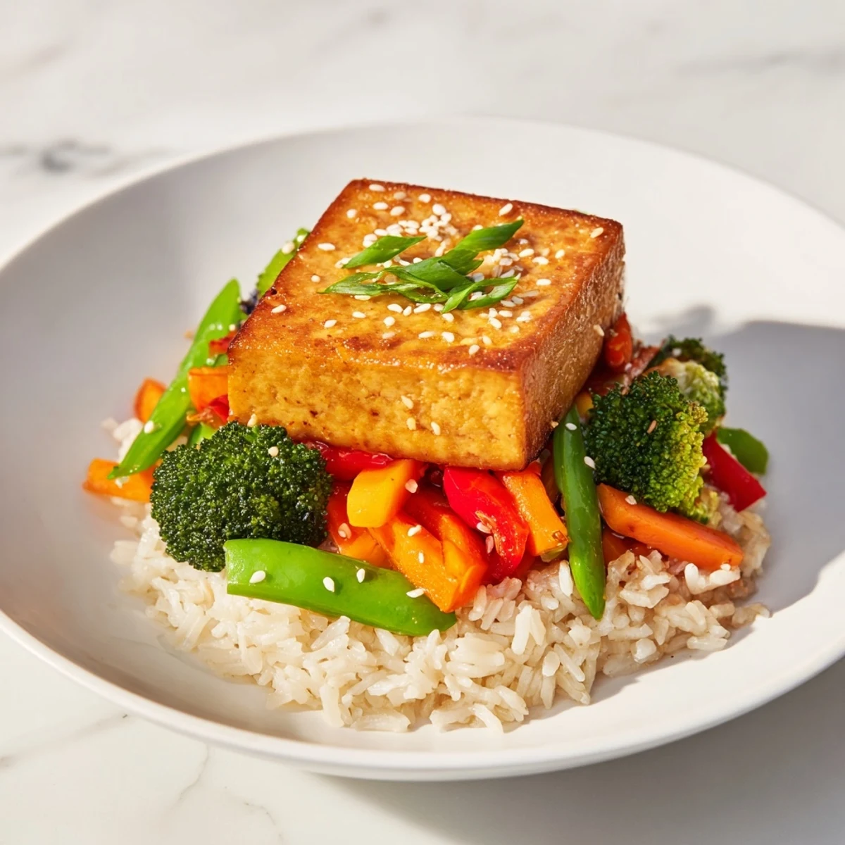 A serving of Pressed Tofu Steaks with steamed vegetables, garnished with sesame seeds and green onions on white rice.