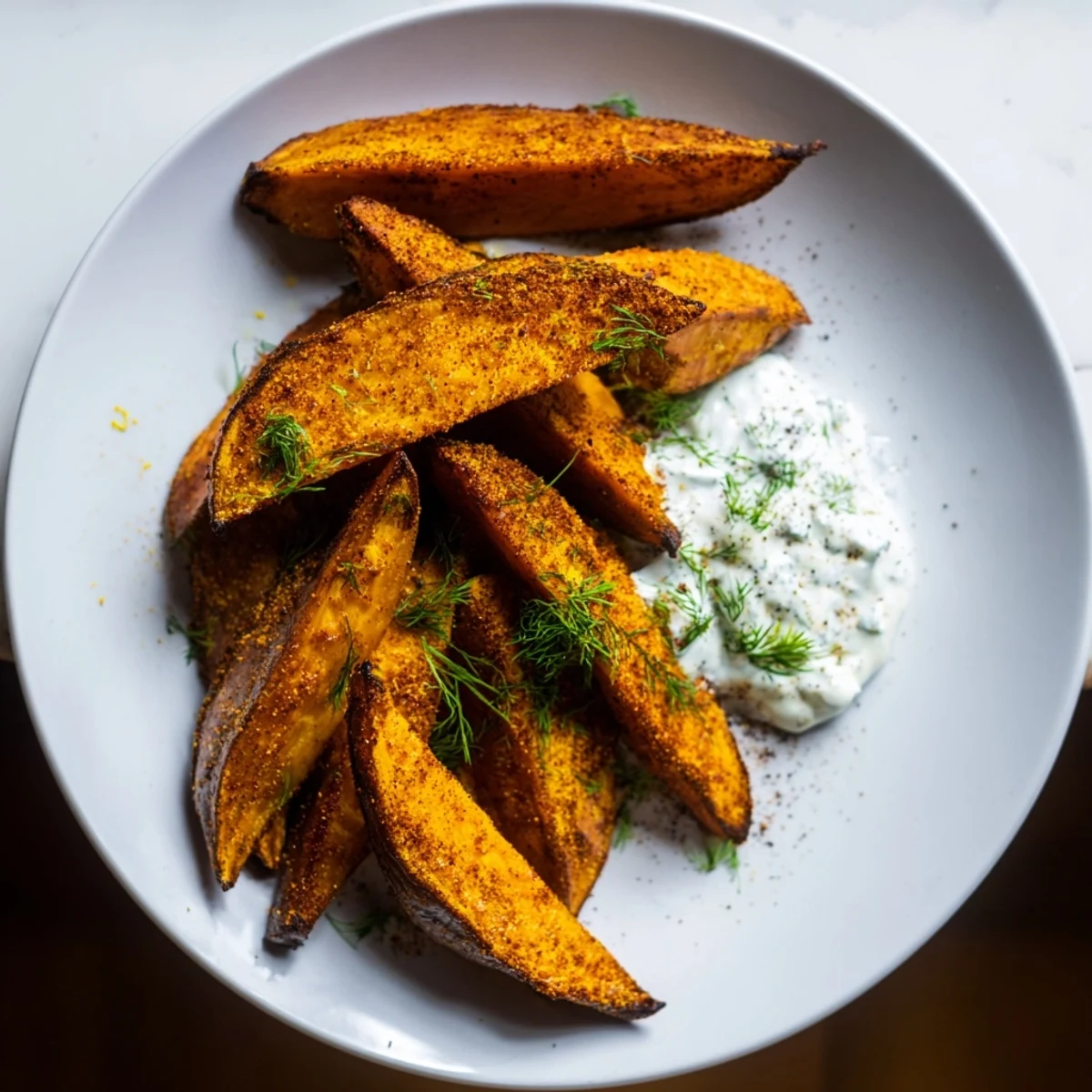 Golden-brown roasted sweet potato wedges glistening, served with a creamy herb yogurt dip.