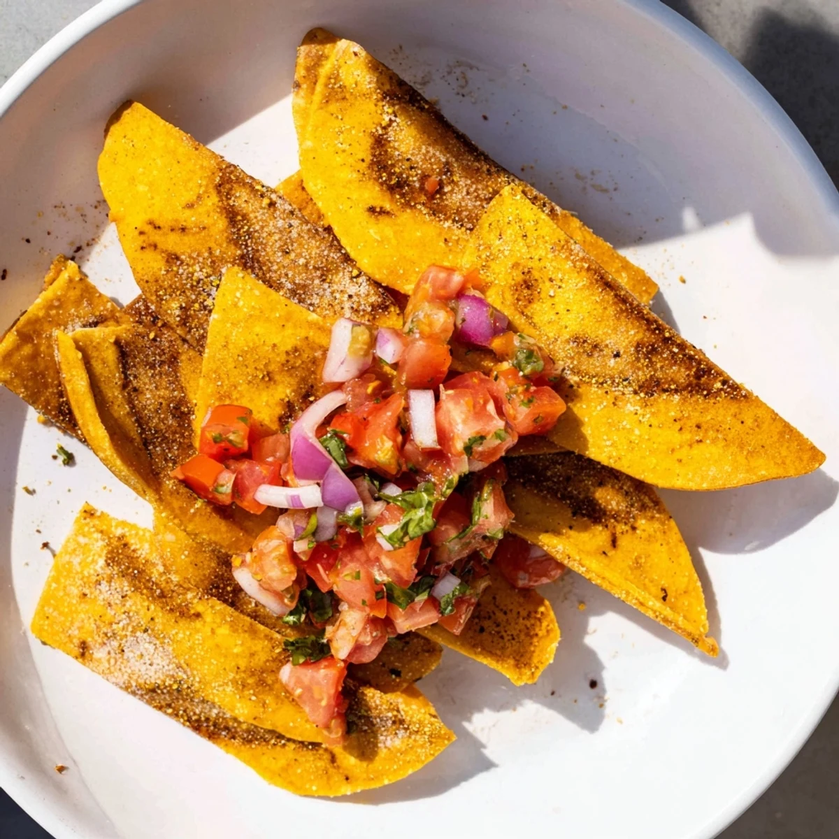 Golden, crunchy Air-Fryer Tortilla Chips served alongside vibrant, chunky homemade salsa for dipping.