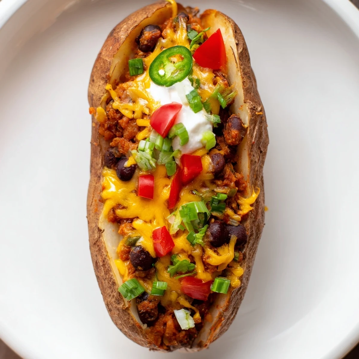 Warm Loaded Baked Potato with chili and melted cheddar cheese looks incredibly comforting for dinner.