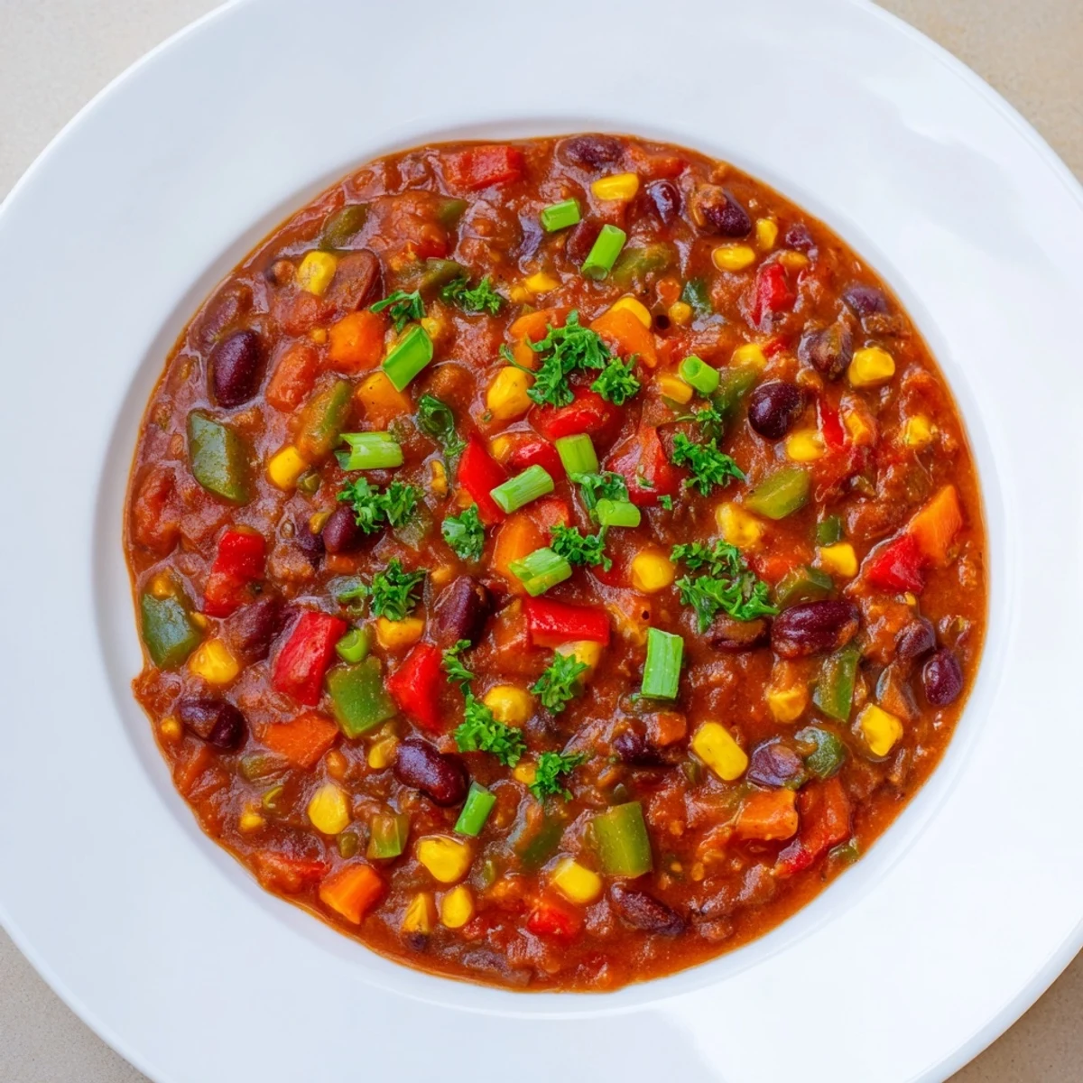 Steaming bowl of veggie chili, a vibrant Tex-Mex feast, ready for toppings like avocado.