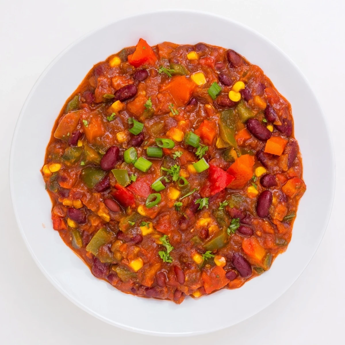 A satisfying, rich vegetarian veggie chili with beans, corn, and tomatoes simmering gently.