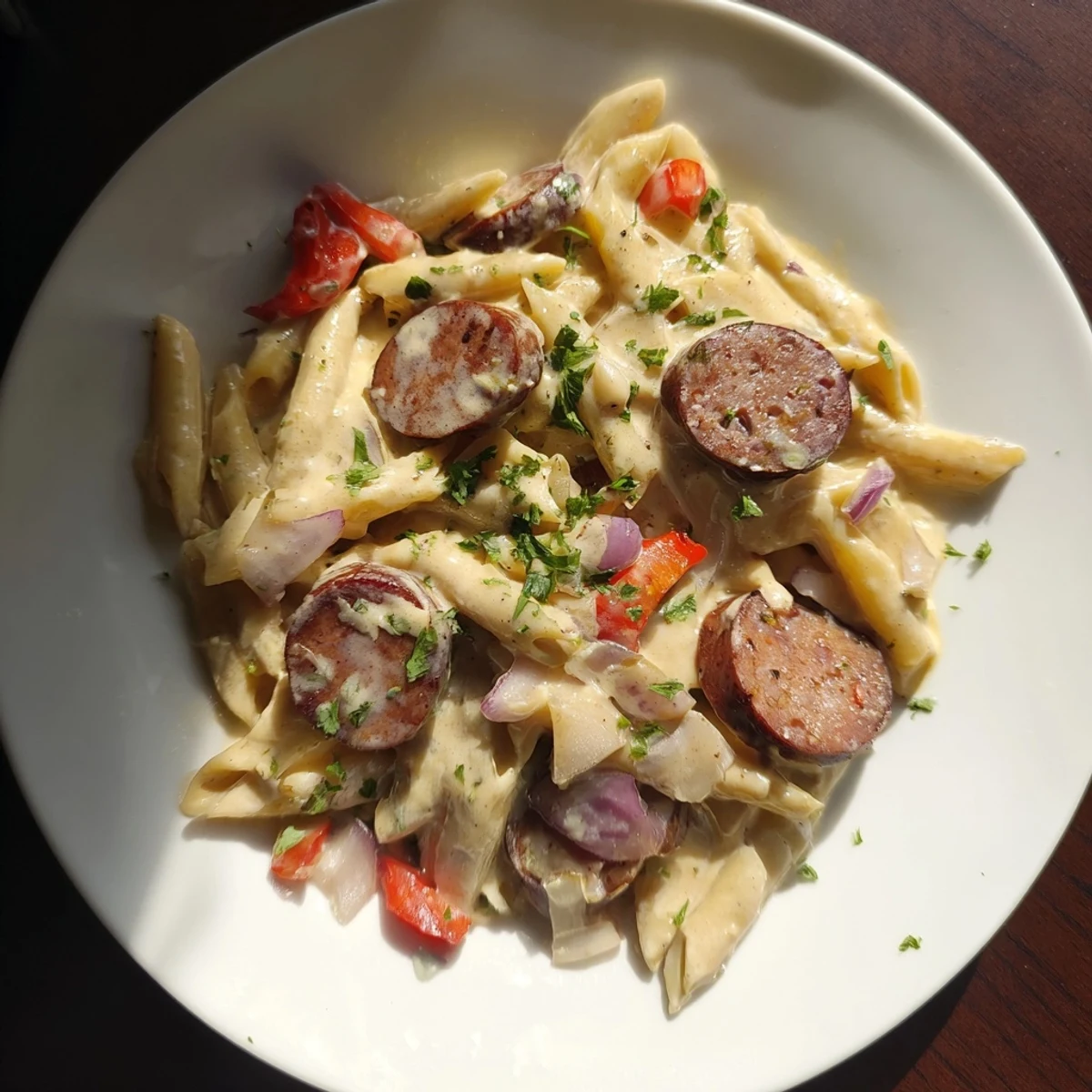A steaming bowl of Cajun Spiced Smoked Sausage Alfredo, a flavorful pasta perfect for dinner.