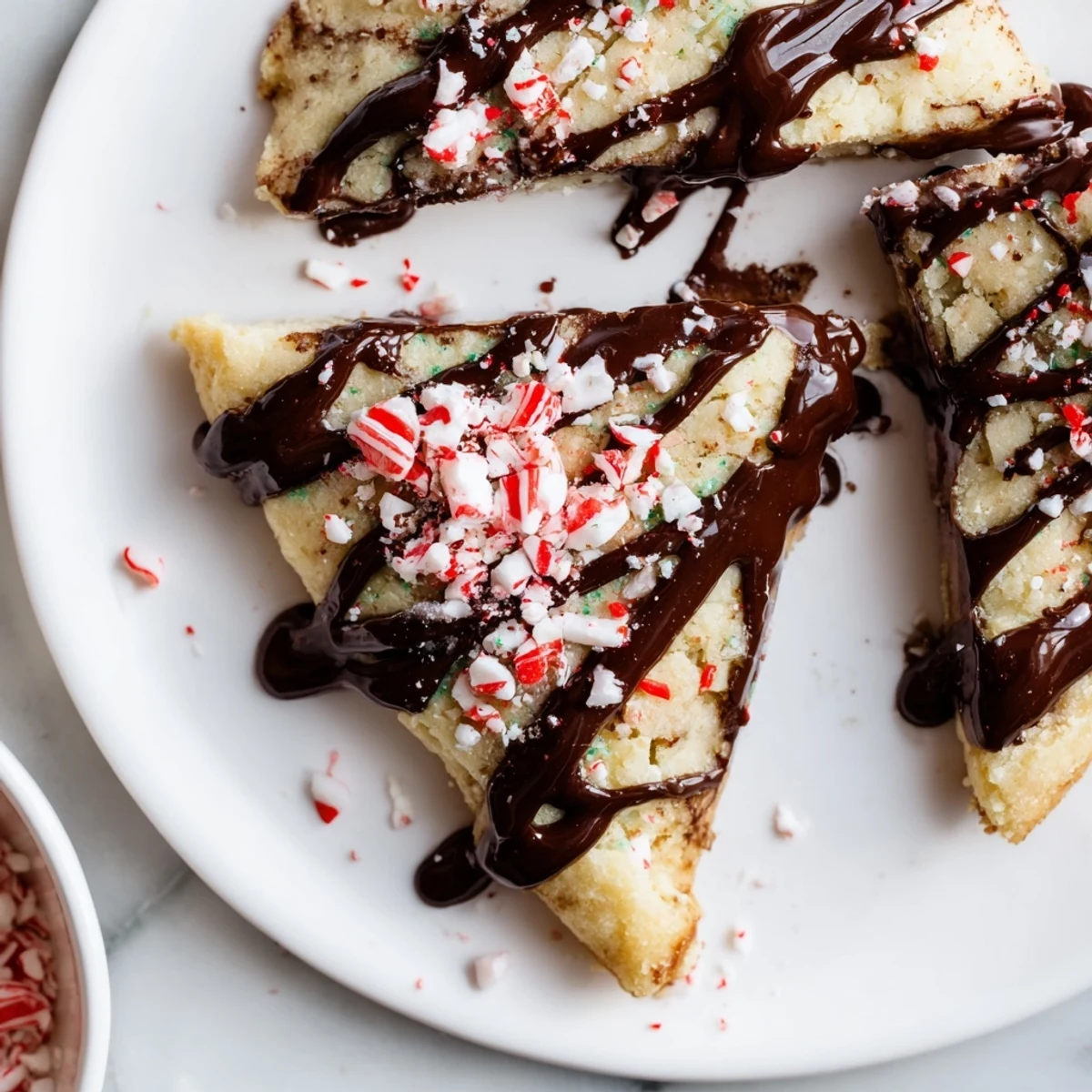 Chocolate peppermint shortbread wedges, drizzled with chocolate and sprinkled with crushed candy, ready to eat.