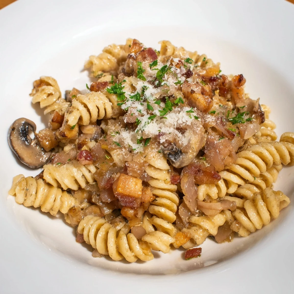Fusilli with Bacon being served, showing crispy bacon pieces around the pasta with mushrooms.