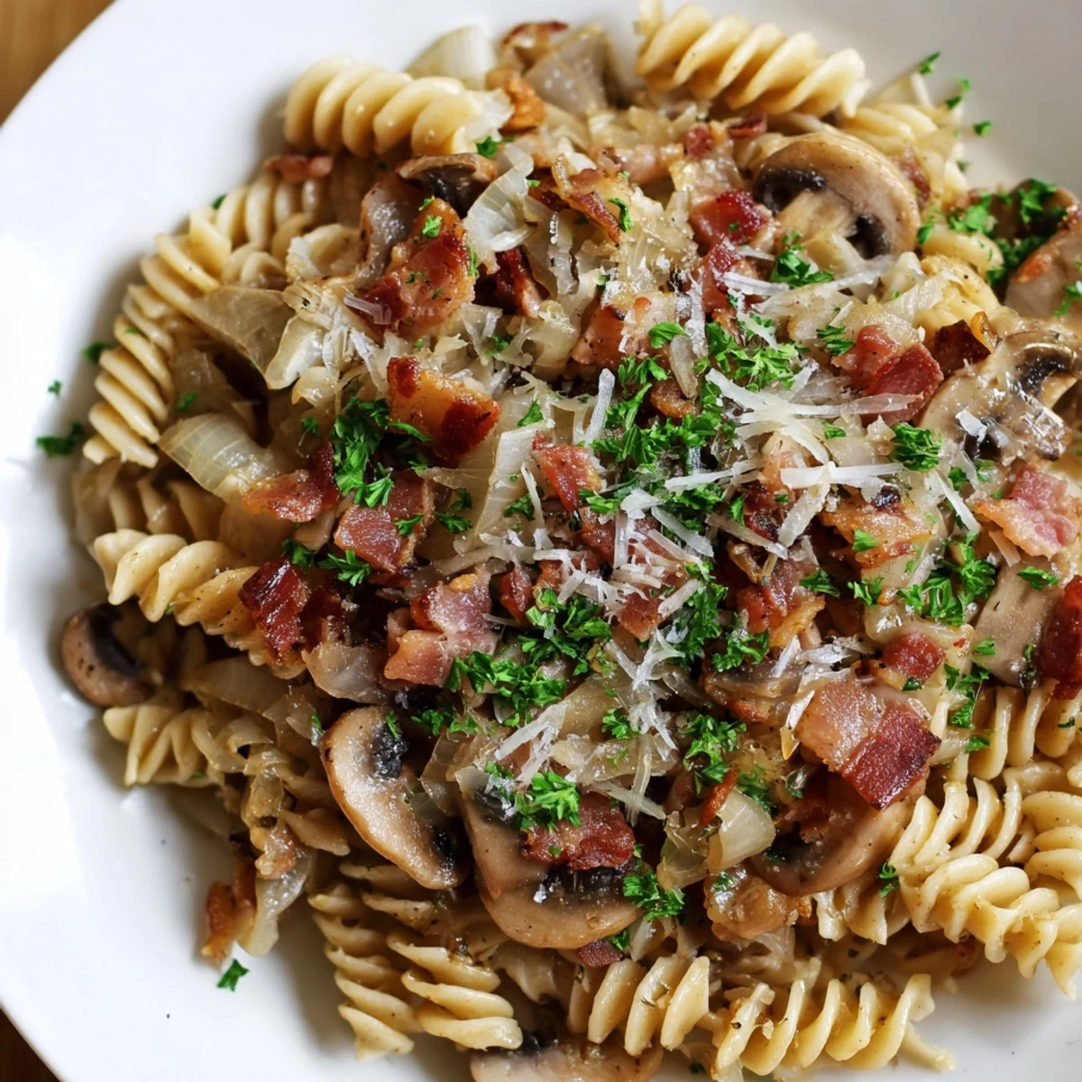 A close-up of fusilli with bacon, onions, and mushrooms showcasing the savory sauce and parmesan.