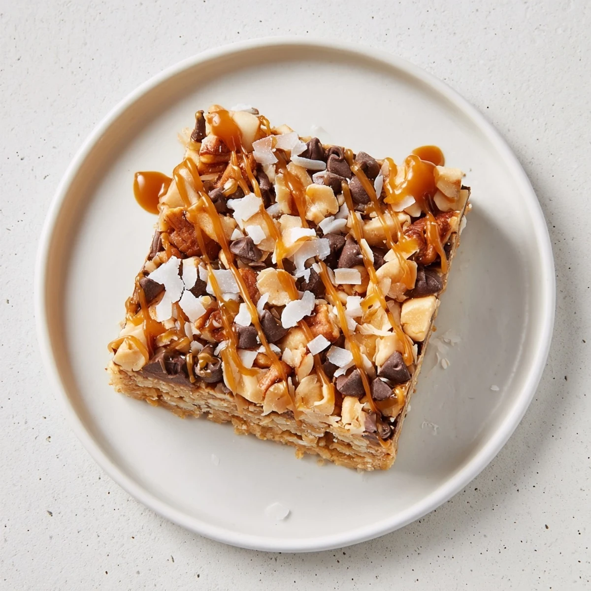 Golden, gooey 7-Layer Magic Bars topped with a sea salt caramel drizzle, ready to be enjoyed.