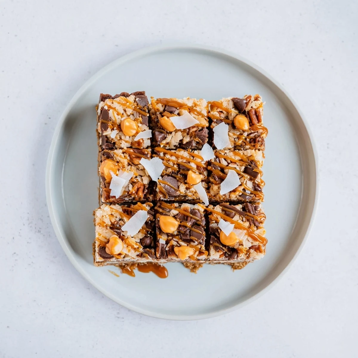 Close-up of baked 7-Layer Magic Bars: a delicious dessert with chocolate, butterscotch, and nuts.