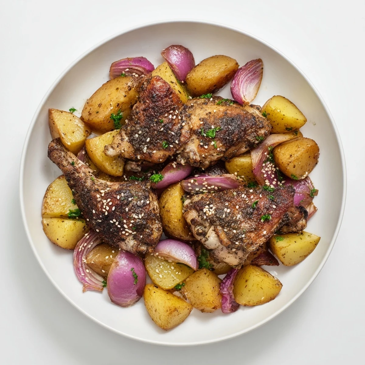 Beautifully plated Pan-Roasted Zaatar Chicken and Potatoes, ready to serve with fresh parsley and lemon.