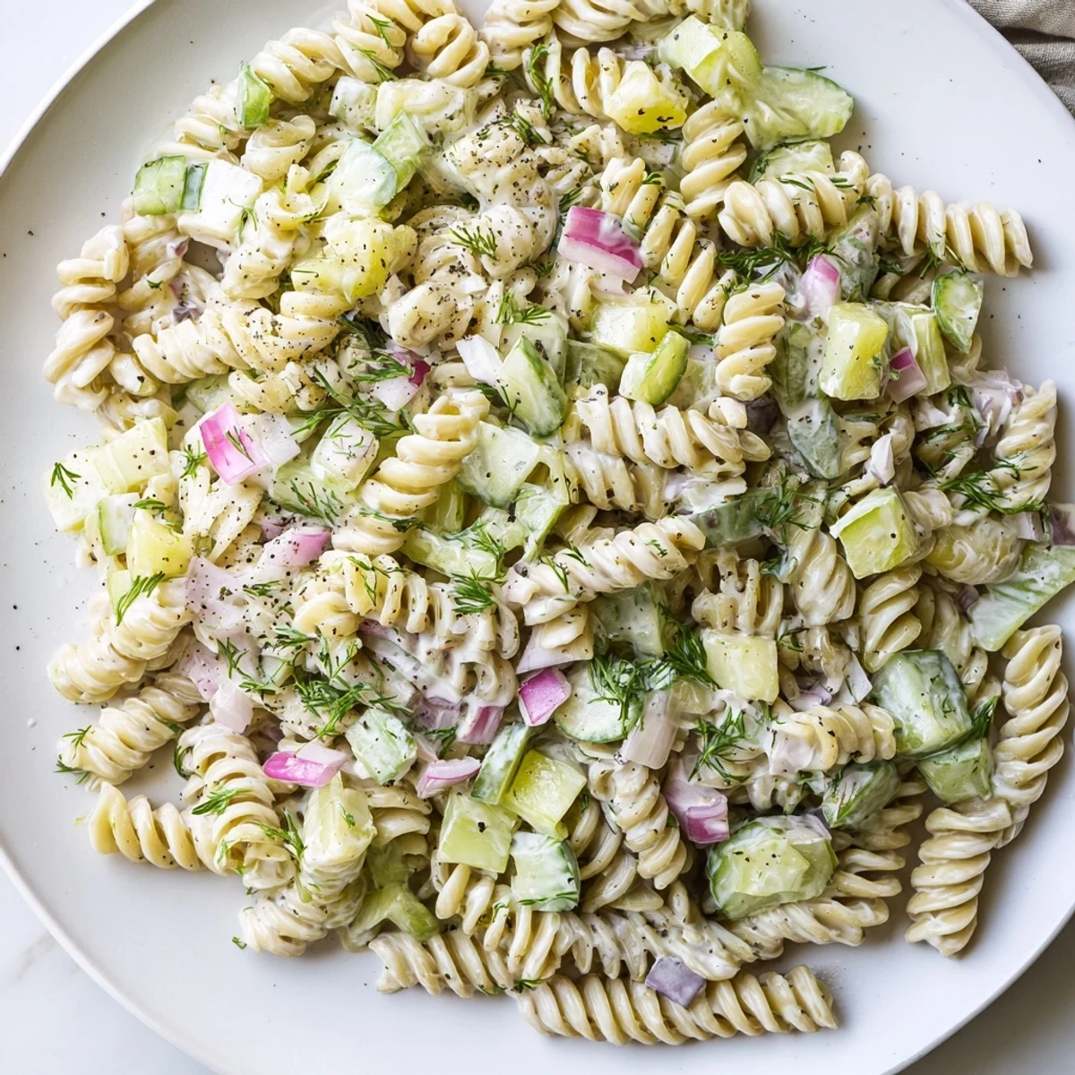 Creamy Dill Pickle Pasta Salad with cheddar, fresh dill, and colorful vegetables, ready to serve.