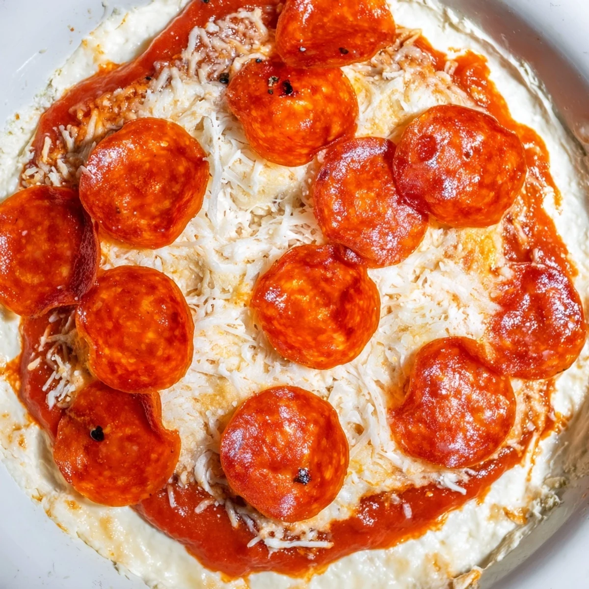 Warm and bubbly pizza dip with melted cheese and crispy pepperoni, perfect appetizer.
