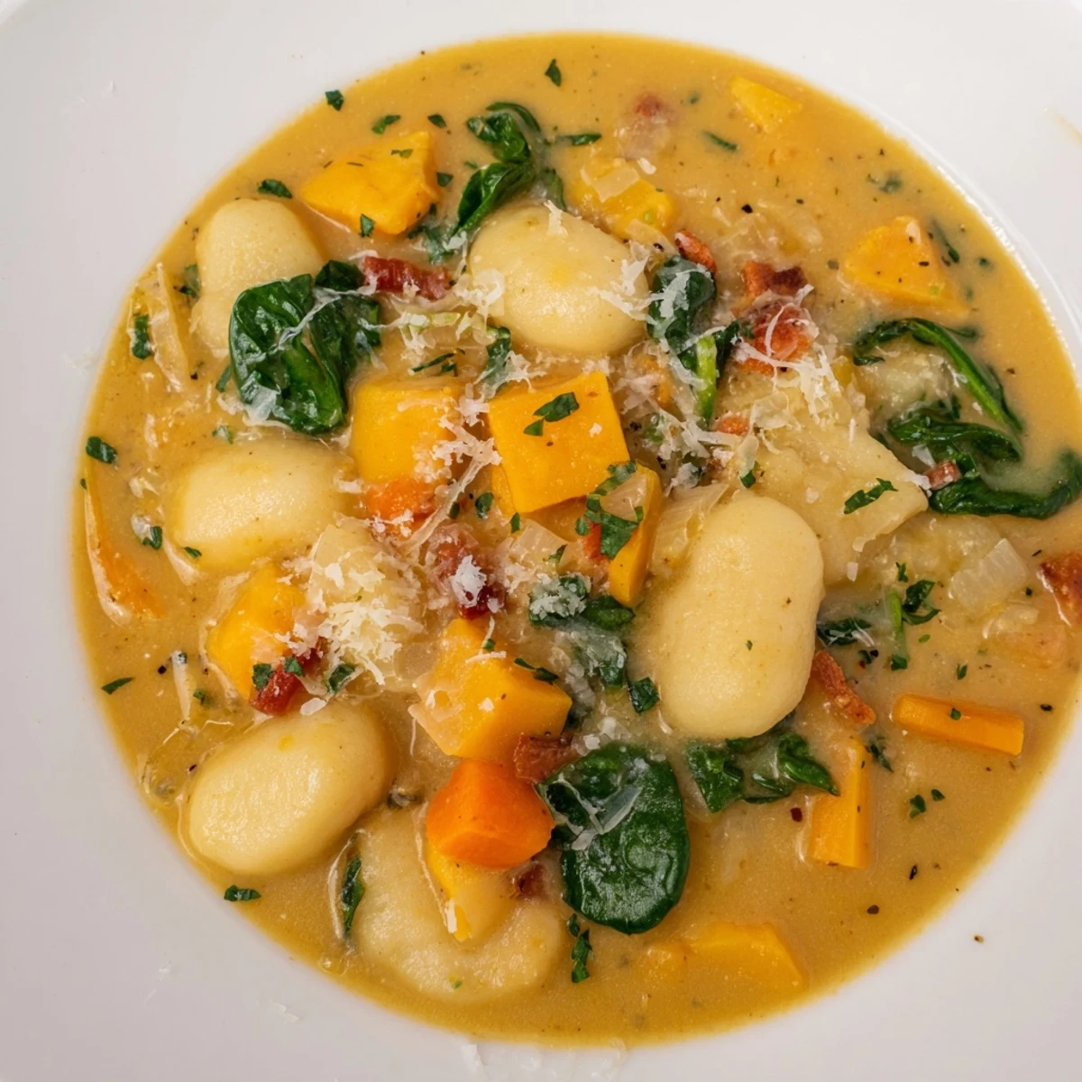 Steaming bowl of Savory Butternut Squash Gnocchi Soup, garnished with Parmesan and fresh parsley.