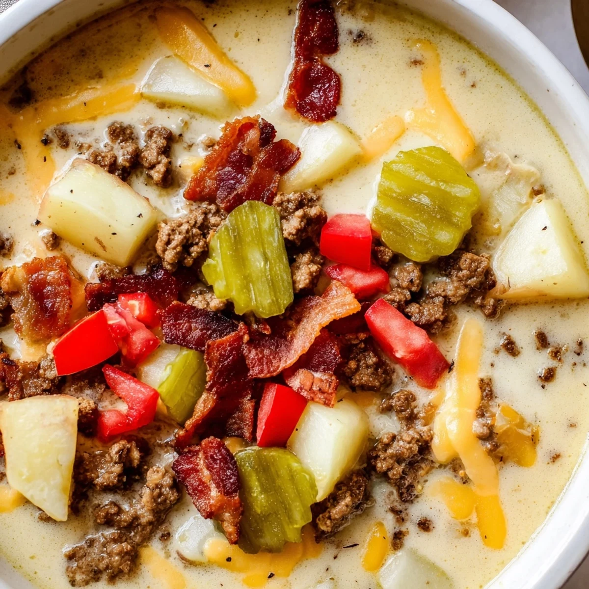 Creamy Crockpot Cheeseburger Soup topped with crispy bacon, a comforting bowlful on a cold day.