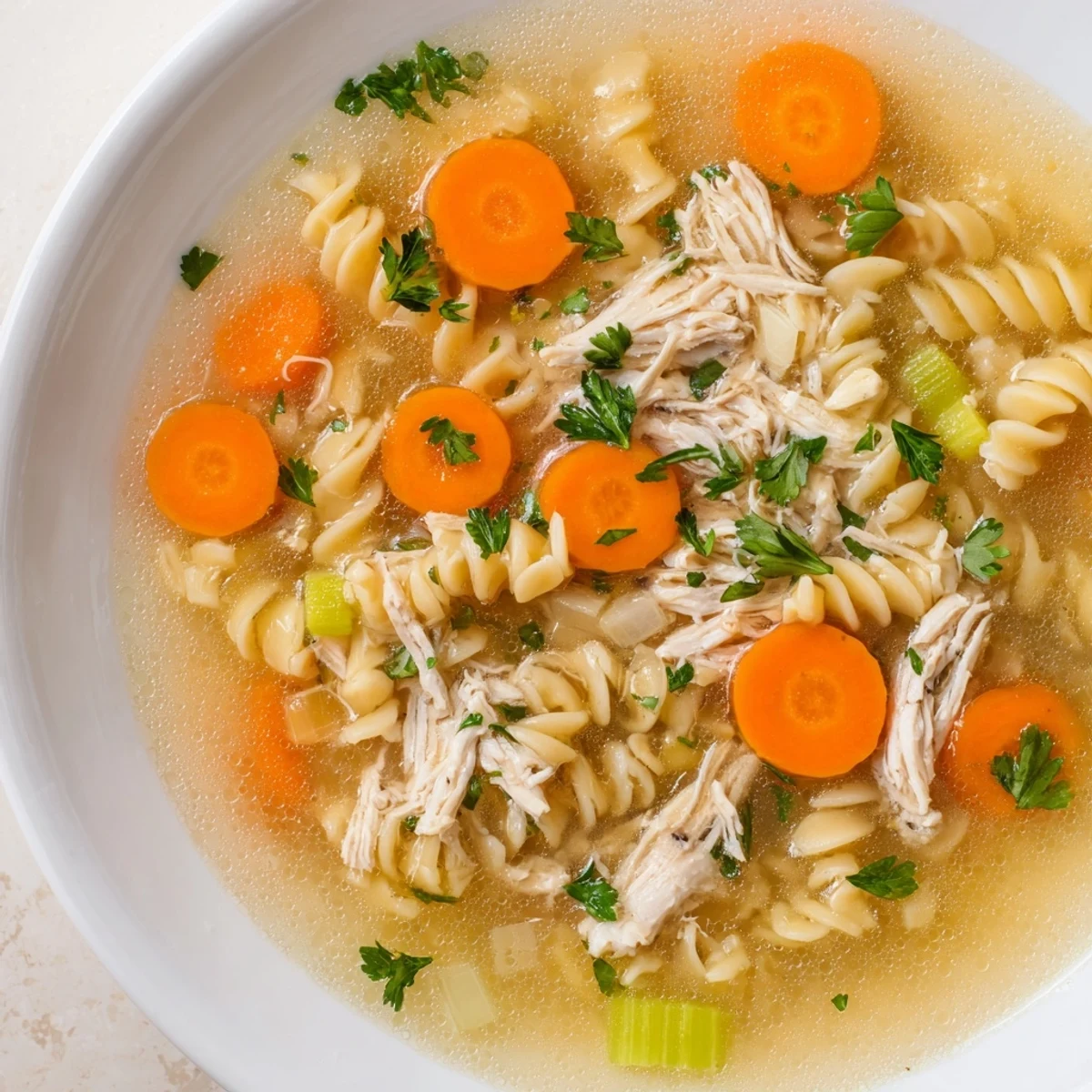 Close-up of fluffy Crockpot Chicken Noodle Soup, a warm and savory classic with fresh parsley.