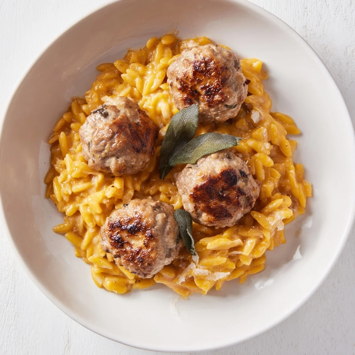 Warm bowl of sage turkey meatballs and pumpkin orzo, an inviting fall dish served.