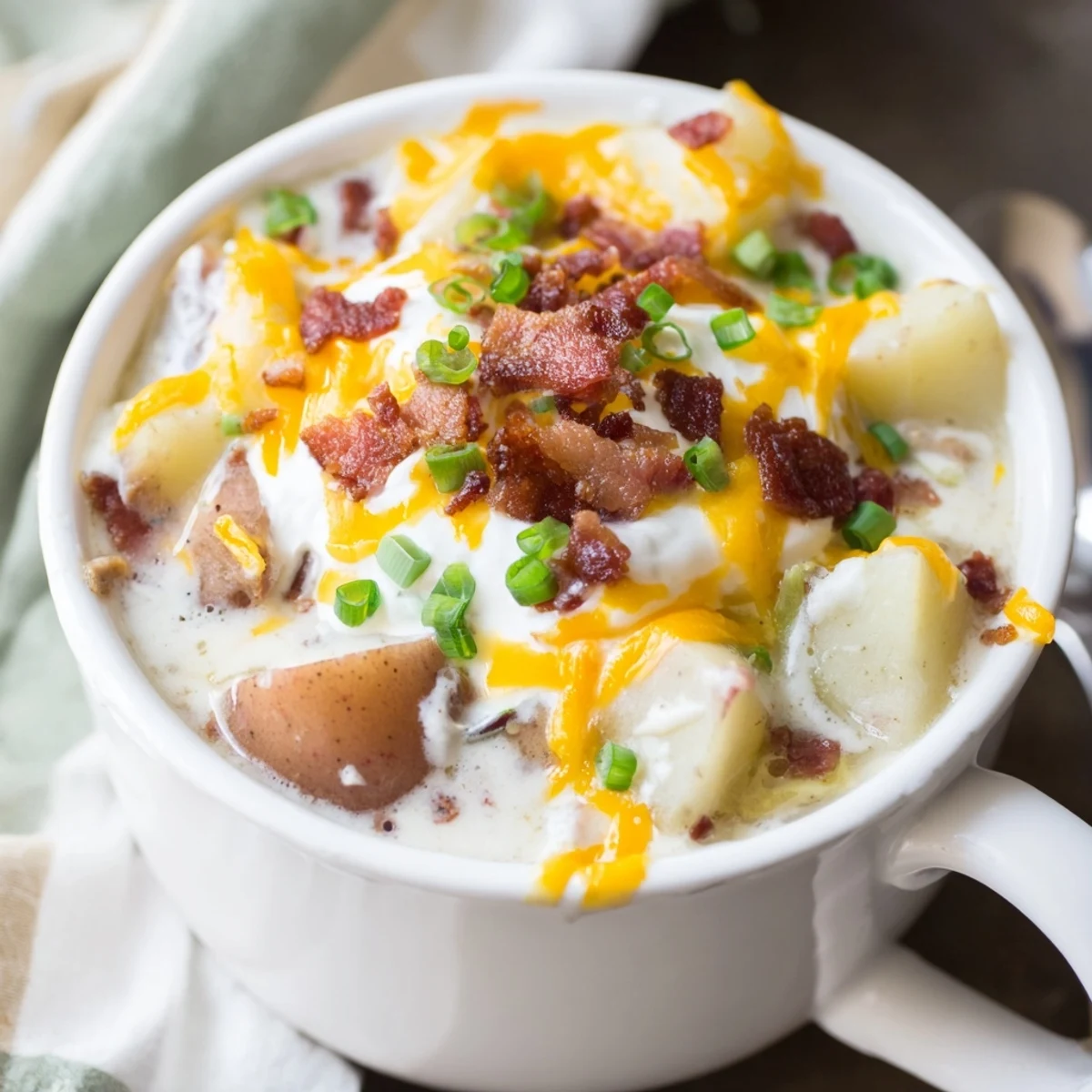 Warm bowl of Crockpot Loaded Baked Potato Soup with a swirl of cream, inviting you in for a taste.