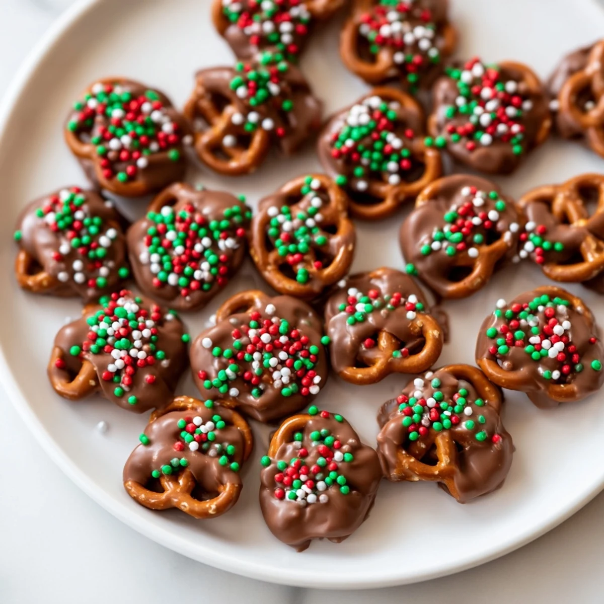 Air Fryer Christmas Pretzel Bites, ready in minutes, feature melted chocolate and colorful holiday sprinkles.