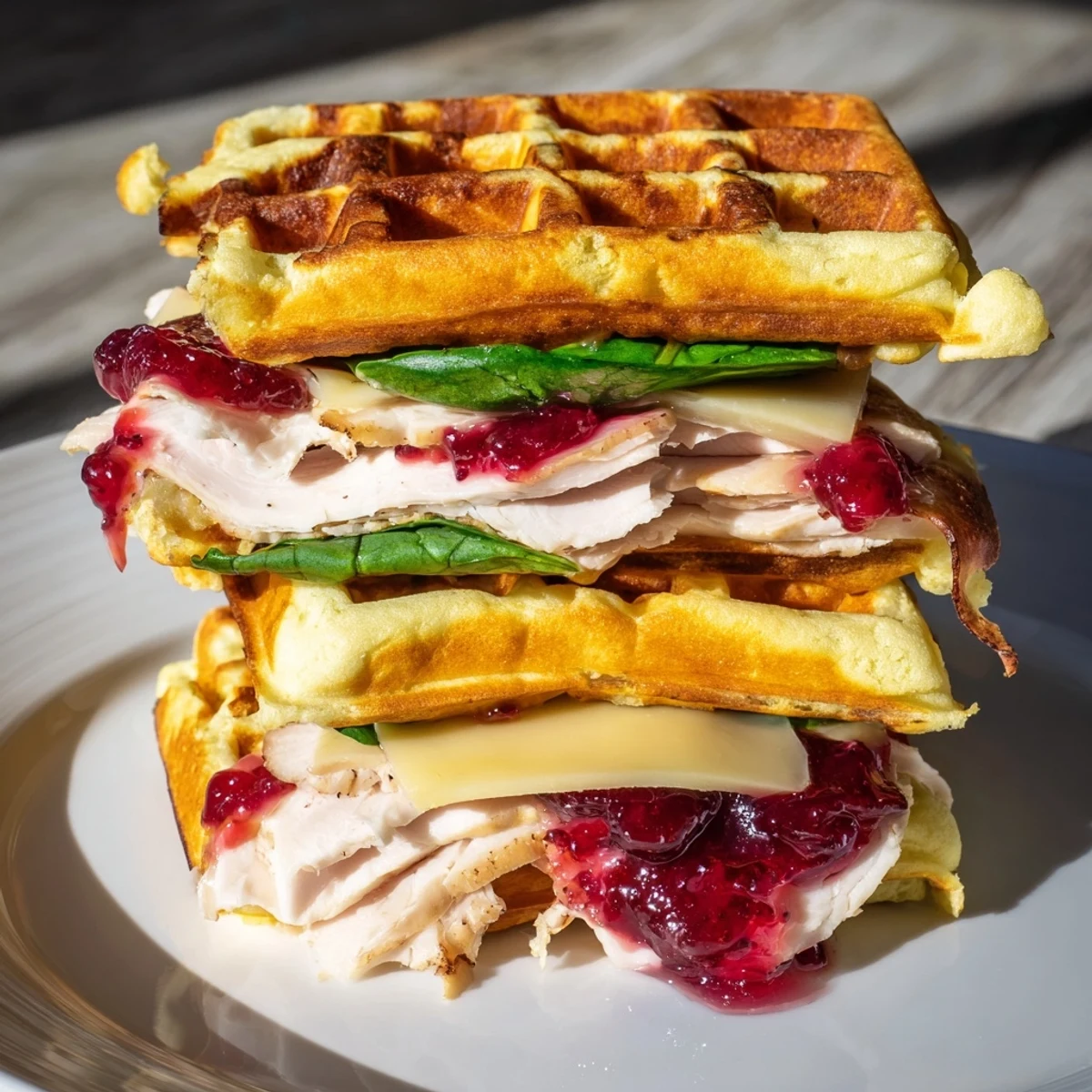 Warm, toasted Easy Holiday Waffle Sandwich, showcasing layers of holiday flavors and enticing aromas for delicious eating.