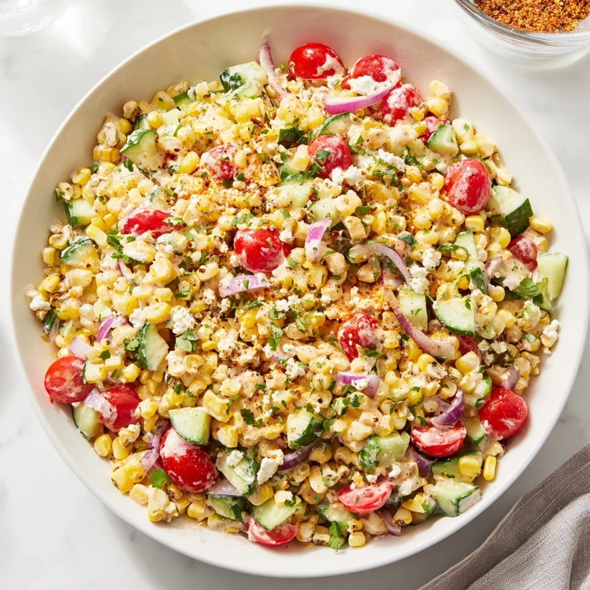 Close-up of a refreshing Mexican Street Corn Chopped Salad, brimming with fresh ingredients and cotija cheese.