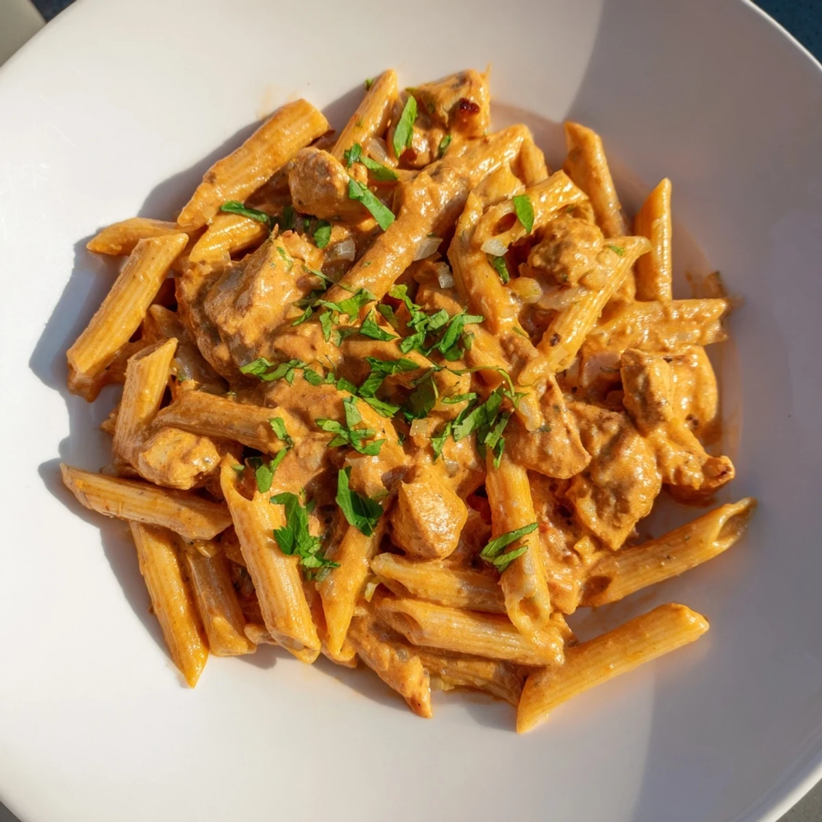 Golden penne pasta coated in creamy sauce of chicken tikka masala, garnished with fresh cilantro.