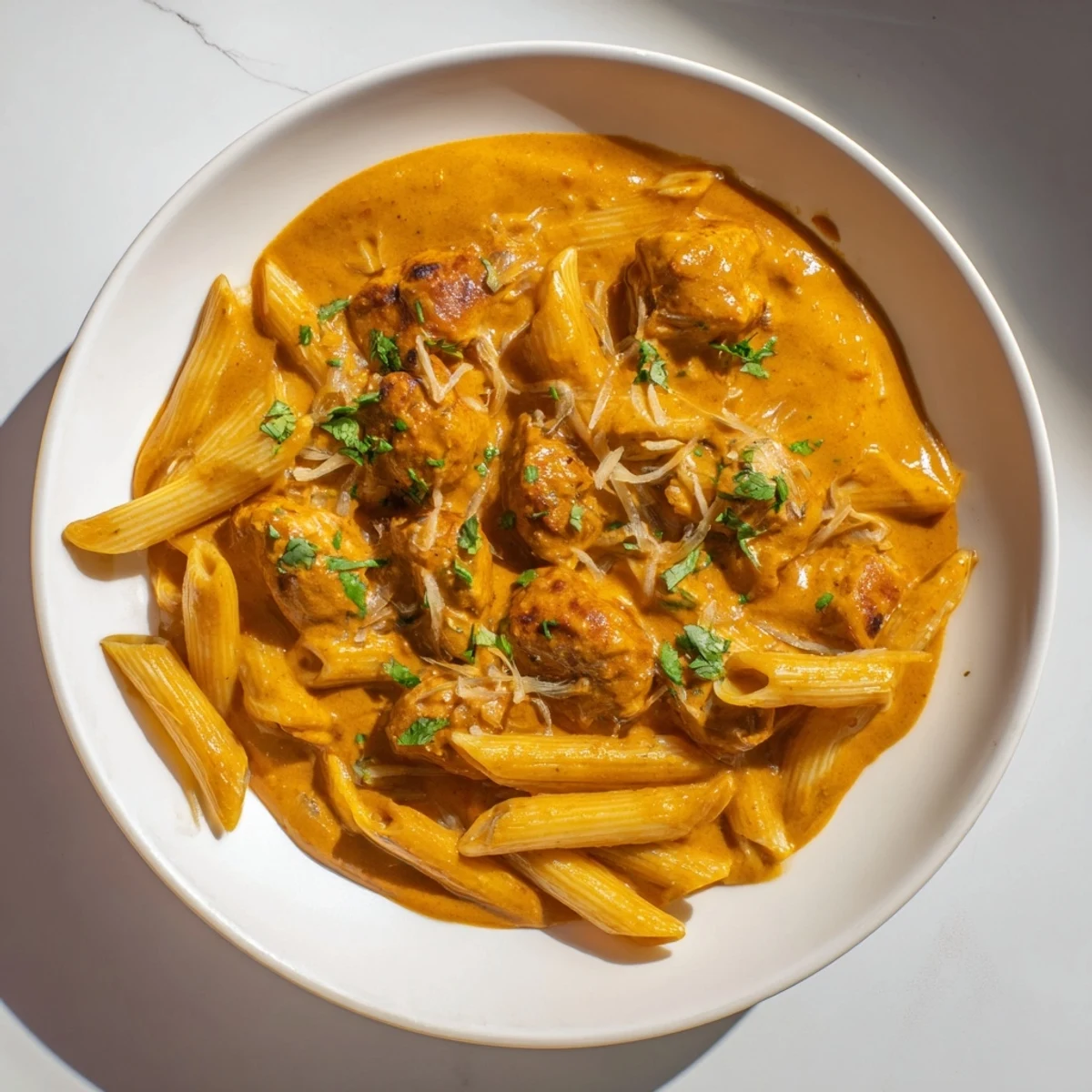 A close-up view of creamy chicken tikka masala pasta ready to be served, full of vibrant color.