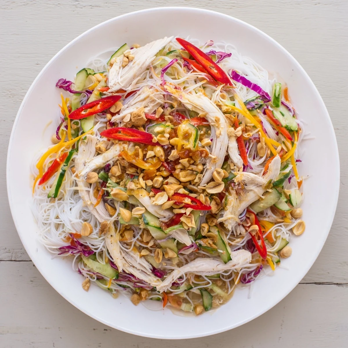 Enjoy a refreshing plate of Vietnamese Crunch Noodle Salad with peanuts, perfect for a light meal.