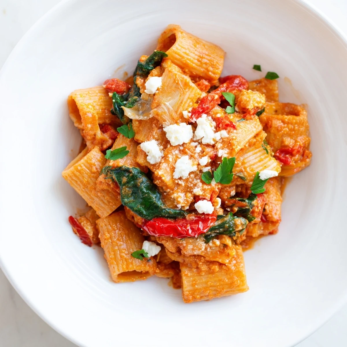 Golden baked Mediterranean Garlic & Herb Pasta with bubbling cheese and fresh herbs, ready to serve.