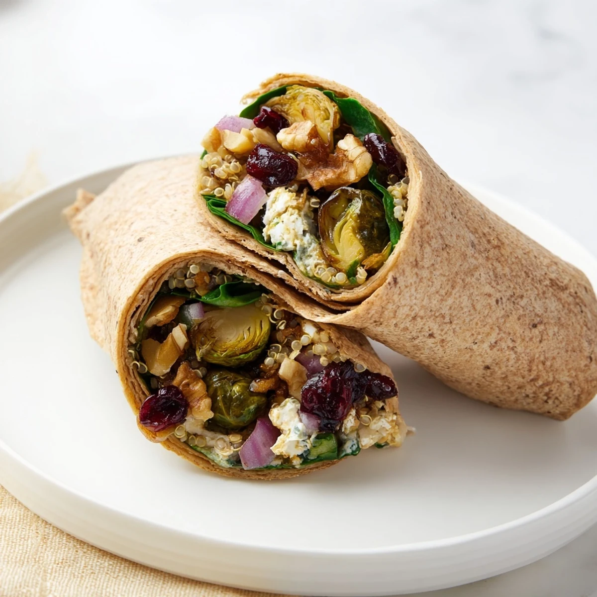 Golden-brown Roasted Brussels Sprouts & Cranberry Grain Wrap, perfect for a cozy, vegetarian lunch, delicious and satisfying.