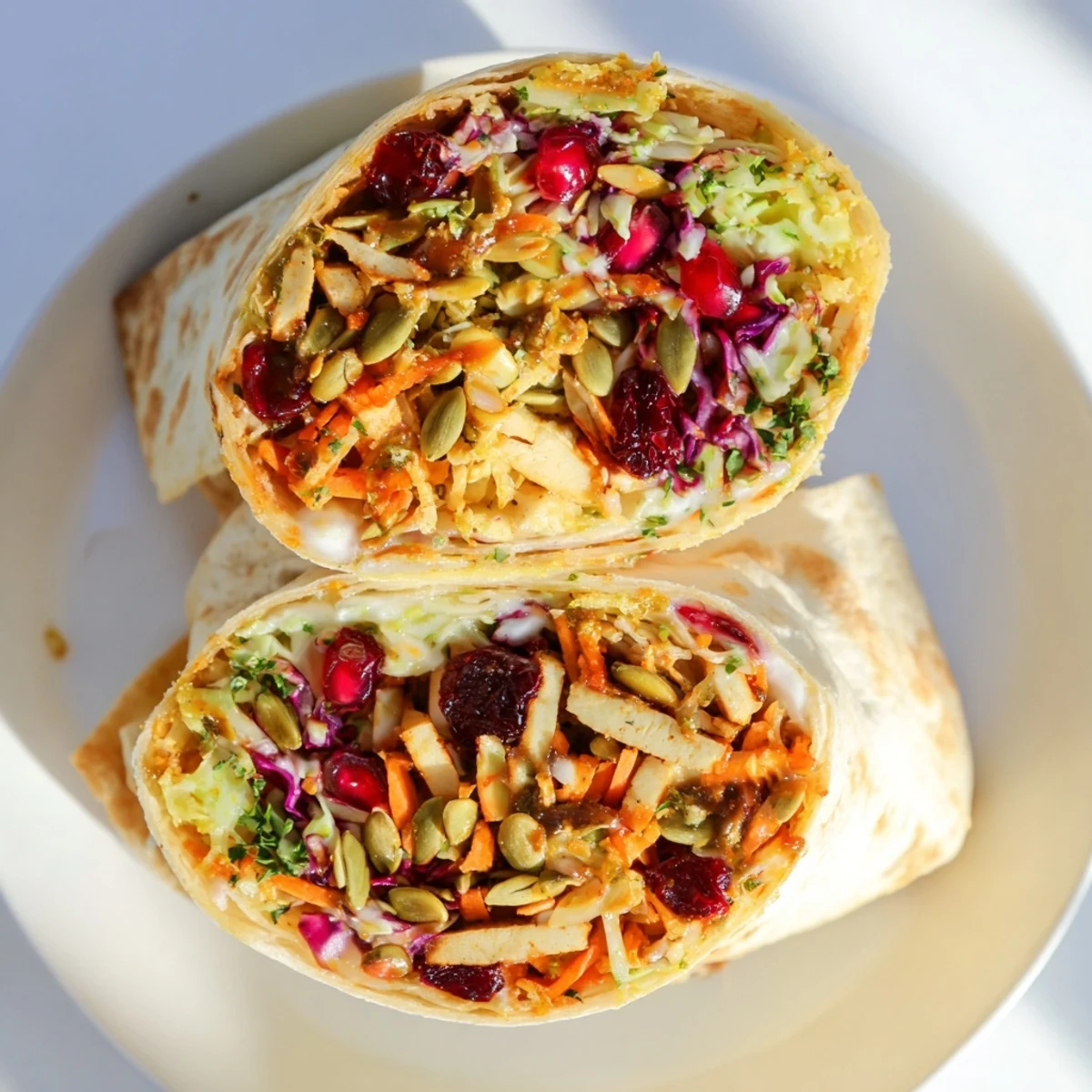 Golden-brown Sweet Chili Tofu Crunch Wrap with vibrant slaw, perfect for a plant-based holiday feast.