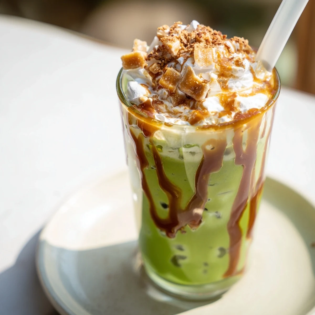 Festive Caramel Brulée Iced Matcha Christmas Coffee Dupe, showcasing a layered drink in a tall glass, garnished beautifully.