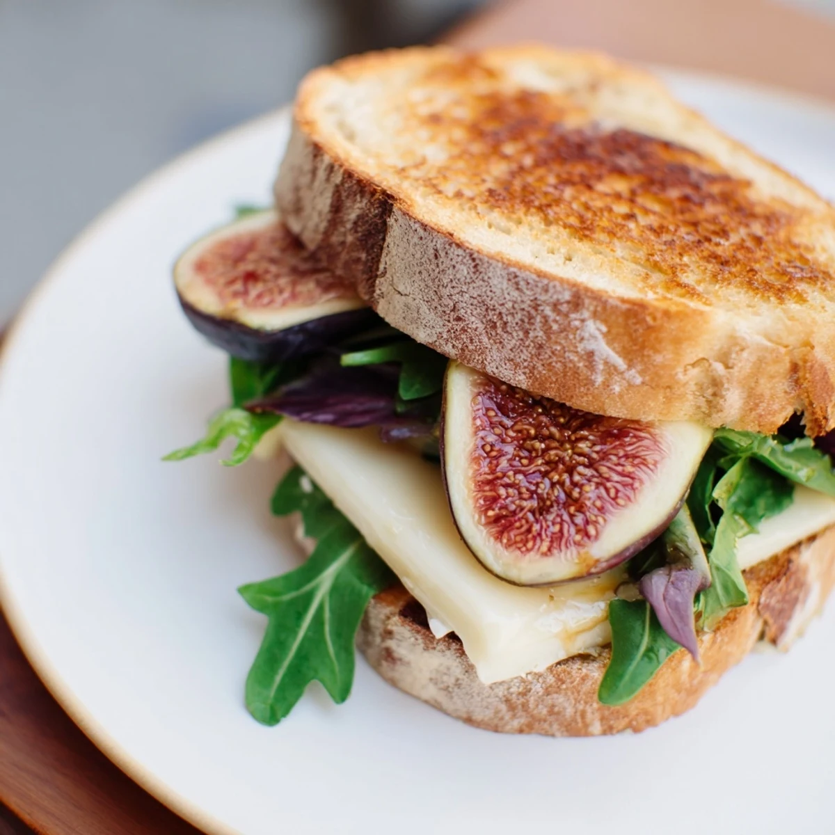Savory Fig, Brie & Arugula Grilled Cheese, showcasing fresh arugula and creamy Brie between golden sourdough.