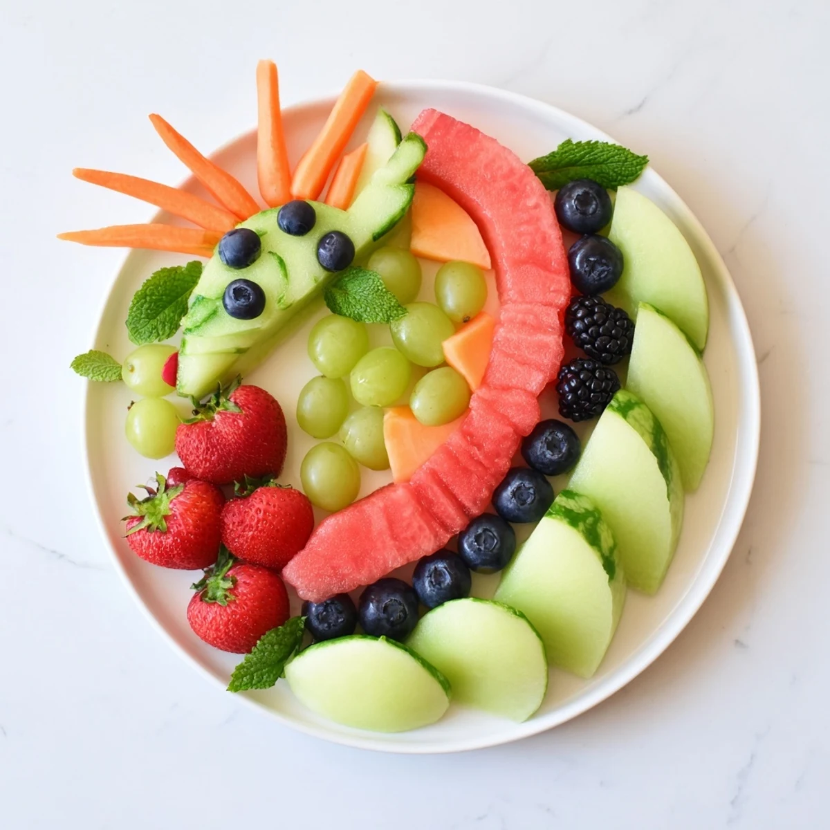 Vibrant Dragon-Shaped Fruit Tray, a colorful and healthy appetizer filled with fresh melon, grapes and berries.